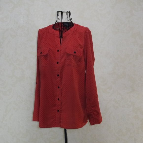 ELEMENTZ Red Orange Polka Dot Adjustable Sleeve Button Up Blouse Shirt - Picture 7 of 17
